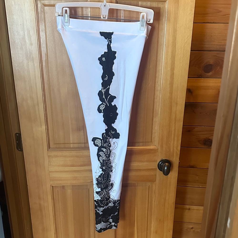 White Skinny Jeans with Black Lace-Effect & Rhinestone Side Panel